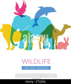 Wildtiere Tiere und Vögel flach bunte Silhouetten Komposition Poster mit Elefant Löwe Adler und Kamel Vektor Illustration Stock Vektor