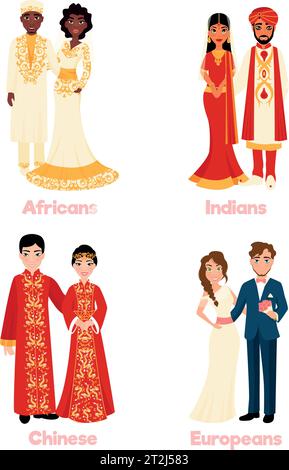 Multikulturelle Hochzeitspaare in Nationalkleidung auf weißem Hintergrund flach isoliert Vektor-Illustration Stock Vektor