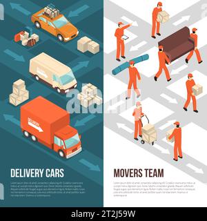 Farbige und isometrische Lieferung bewegte vertikale Banner-Set mit Lieferung Autos und Movers Team Beschreibungen Vektor-Illustration Stock Vektor