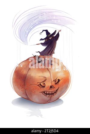 Halloween-Illustration mit der Hexe, die Magie macht, die auf murmelndem Kürbis steht Stockfoto