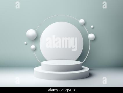 Dieses weiße Podium Mockup mit weißem Hintergrund und Kugelelementen ist perfekt, um Ihre Produkte auf moderne und stilvolle Weise zu präsentieren. Vektoril Stock Vektor