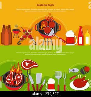 Steak Grill auf Grillparty mit Speisen und Getränken auf zwei horizontalen Banner Vektor-Illustration Stock Vektor