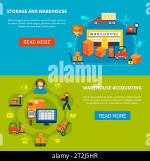 Zwei horizontale Logistikbanner mit Vektordarstellung für Lager- und Lagerbuchhaltung und Lagerbuchhaltung Stock Vektor