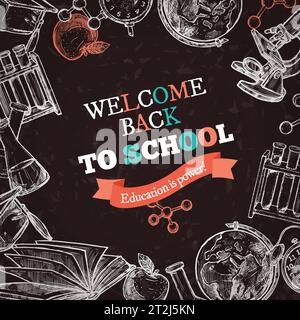 Willkommen zurück zur Schulbildung handgezeichnete Skizze Kreidetafel Poster mit Werkzeugen für das Studium und bunte Buchstaben auf texturellen Hintergrund Vektor illust Stock Vektor