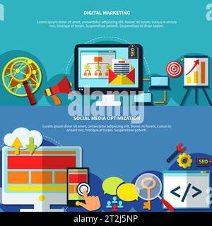 SEO-Optimierung horizontale Banner mit flachen Internet-Suche mit Wartungs-Symbole und Computer-Netzwerk-Bilder Vektor-Illustration gesetzt Stock Vektor