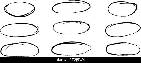 Grobe Hervorhebungskreise festgelegt. Doodle and Scribble Ellipsen Kollektion. Handgezeichnete Ovale oder Blasen zur Betonung schleifen. Skizzierte runde Markierungselemente für Collage, Poster, Banner, Cover. Vektorpaket Stock Vektor