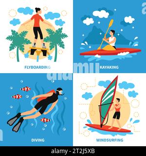Wassersport-Konzept. Wasser Sport Vektor Illustration.Wasser Sport Flache Symbole Set. Water Sport Design Set.Water Sport Isolierte Elemente. Stock Vektor