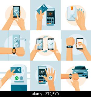 NFC-Technologie flaches Konzept mit Smartphones in den Händen Zahlungsinformationen Übertragung und Identifizierung isolierte Vektor-Illustration Stock Vektor