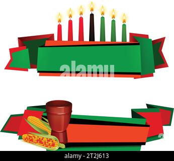 Kwanzaa Feiern traditionelle rot-grüne farbige 2 horizontale Banner mit Kinara-Kerzen und Lebensmittel isoliert Vektor-Illustration Stock Vektor