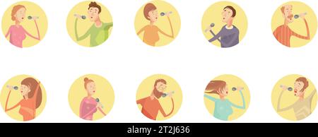 Set aus zehn runden isolierten Karaoke-Party-Ikonen mit eingravierten jungen singenden Männern und Frauen Zeichen Vektor-Illustration Stock Vektor