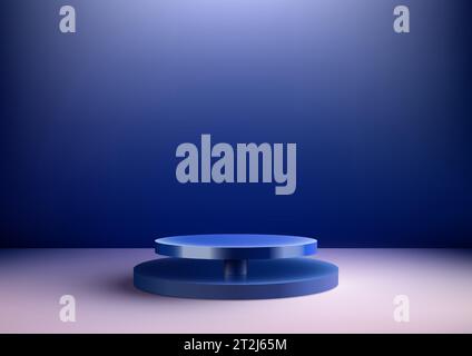 3D-realistischer blauer Podiumständer wird auf einem weißen Boden mit blauem Wandhintergrund platziert. Es eignet sich perfekt für die Verwendung als Modell für die Produktanzeige oder als Stock Vektor