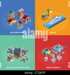 Isometrische Stadt 2x2 Symbole mit niedrigen und historischen Gebäuden Strand und Handelsobjekte auf bunten Hintergrund isoliert Vektor-Illustration gesetzt Stock Vektor
