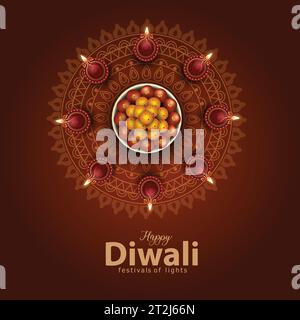 Indisches Festival Happy Diwali mit Diwali Requisiten, Feiertagshintergrund, Diwali Feier Grußkarte, Vektor Illustration. Stock Vektor