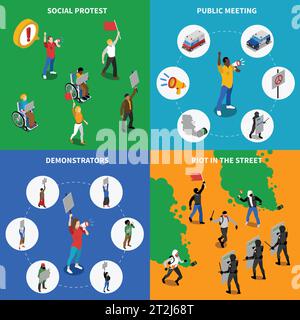 Friedliche soziale und politische Proteste Kundgebungen und Unruhen 4 isometrische Ikonen quadratisches Plakat abstrakte isolierte Vektor-Illustration Stock Vektor