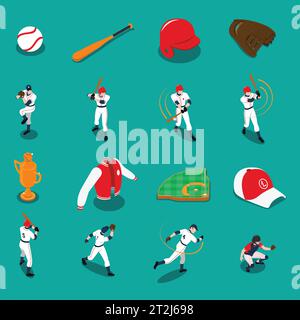 Baseballset mit isometrischen Symbolen mit Sportausrüstung und Trophäe der Spieler auf türkisfarbenem Hintergrund, isolierte Vektorgrafik Stock Vektor