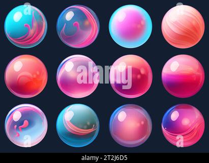 Set aus bunten Kugeln mit Blitzen und Schatten auf dunklem Hintergrund, abstrakte Kristallkugeln, außerirdische Planeten, bunte Glasblasen Stock Vektor