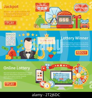 Lotterie und Jackpot flach horizontale Banner mit Hufeisen Rubbelkarte Lotterie Maschine Geldbeutel dekorative Symbole Vektor-Illustration Stock Vektor