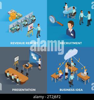 Isometrische 2x2-Symbole für Unternehmen mit Präsentation für Einstellungsberichte und isolierter Vektordarstellung für Geschäftsideen Stock Vektor