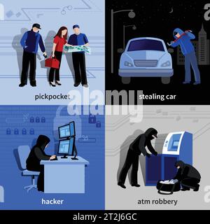 Verschiedene Einbrecher und Kriminelle, die Verbrechen begehen 2x2 flache isolierte Symbole setzen Vektordarstellung Stock Vektor
