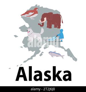 Alaska Karte staaten von Amerika und einzigartige Tiere Weiden Ptarmigan Malamute Lachs und Mammut Stock Vektor