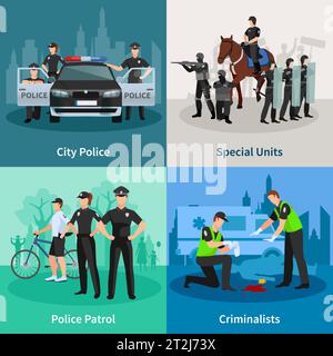 Polizei Menschen 2x2 flach Konzept Satz von Stadt Polizei Sondereinheiten Kriminalisten und Polizei Patrouille Design Kompositionen Vektor Illustration Stock Vektor