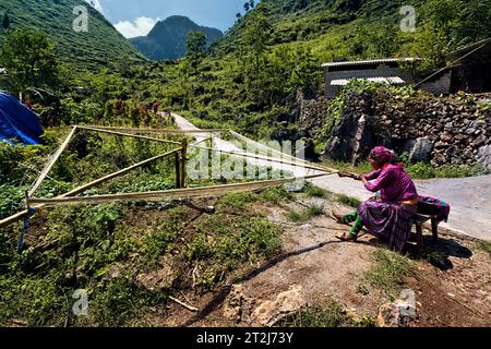 Blume Hmong Frau spinnt Leinenfasern, Ma Pi Leng, Ha Giang, Vietnam Stockfoto