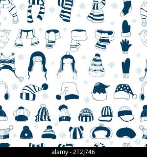 Nahtloses Muster mit Kleidung und Accessoires. Gestrickte Winterschals und -Hüte, Socken und Handschuhe auf weißem Hintergrund. Vektorabbildung. Handgezeichnet Stock Vektor