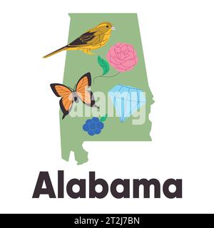 Alabama Karte Symbol des vereinigten staaten Symbol gelbe Hammer Vogel Schmetterling kamelia Blume brombeerillustration Stock Vektor