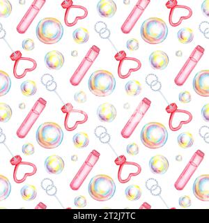 Aquarellabbildung eines Musters von Seifenblasen, einer rosa Flasche und einem Stock mit einer herzförmigen Kappe. Sommer-Spielzeugsymbol, Badezeit, Karneval, Bubbl Stockfoto