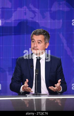 Paris, Frankreich. Oktober 2023. Gerald Darmanin, Minister für Inneres und Überseefrankreich, während eines Interviews auf dem Sender BFMTV am 19. Oktober 2023. Foto: Tomas Stevens/ABACAPRESS.COM Credit: Abaca Press/Alamy Live News Stockfoto