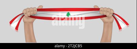 3D illustration. Hand holding flag of Lebanon on a fabric ribbon background. Stockfoto