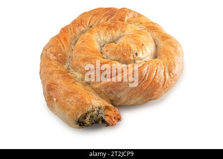 Katalog Bäckerei borek, burek vertuta Spiralförmige griechische Käsepie Füllung Fleisch oder Quark auf weißem Hintergrund isolieren. Mit Beschneidungspfad für Stockfoto