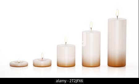 Beleuchtete Kerzen in verschiedenen Größen, isoliert auf weißem Hintergrund. 3D-Abbildung. Stockfoto