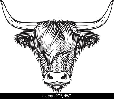 Highland Cow Head Schwarz-weiß. Schottische Rinder. Vektorabbildung. Stock Vektor