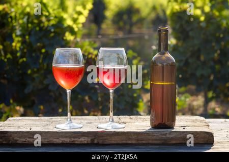 Wein in Gläsern auf dem Hintergrund des Weinbergs. Stockfoto