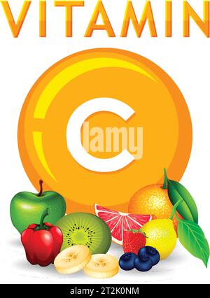 Eine bunte Vektor-Illustration, die Vitamin C-reiche Früchte und Gemüse zeigt Stock Vektor