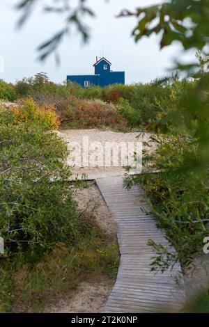 Holzwege am Sand in der Nähe der Stadt Klaipeda in Litauen Stockfoto