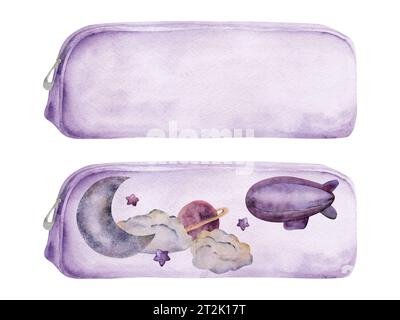 Aquarell handgezeichnete Illustration, Kinder Kinder Malmaterialien Zubehör, weiche Bleistiftetui mit Raumdesign. Einzelnes Objekt isoliert auf weiß Stockfoto