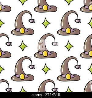 Handgezeichnetes süßes nahtloses Muster mit Hexenhut und Spinne im Doodle-Design Stock Vektor