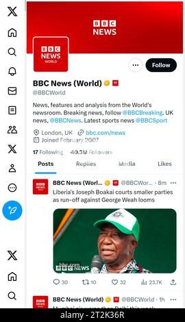 'X' - ehemals Twitter - Seite (Oktober 2023) von BBC World News Stockfoto