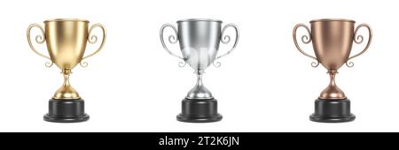 Goldene, silberne und bronzene Trophäen 3D-Rendering-Illustration isoliert auf weißem Hintergrund Stockfoto