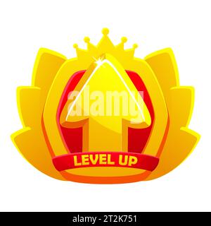 Symbol für das Abzeichen „Game Level Up“. Belohnungsemblem des Vektor-Bonusrangs mit goldenem Aufhebungspfeil, Krone und Schild. Stock Vektor