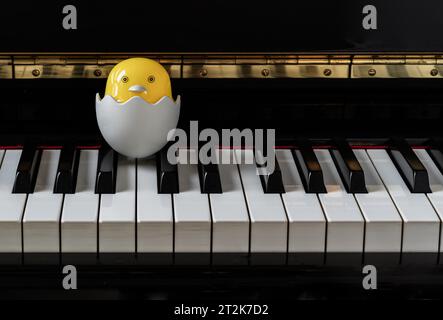 Baby-Chick-Zeichentrickfilm sitzt auf einem zerbrochenen Eierständer auf der Klaviertastatur. Gelbes süßes Huhn schlüpft aus Ei, Platz für Text, selektiver Fokus. Stockfoto