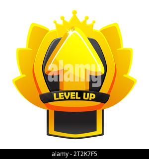 Spielebildsymbol mit aufsteigendem Pfeil, Krone und Schild. Gewinner-Bewertungs-UI oder GUI-App-Element, Benutzeroberflächenbewertung erreicht Stock Vektor