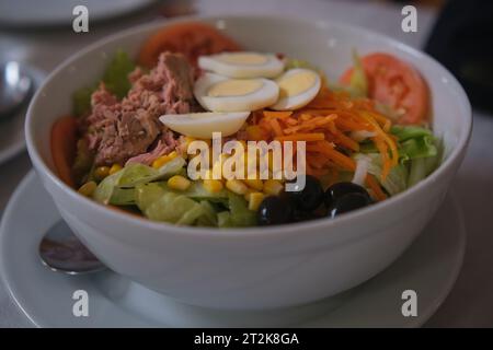 Köstlicher und frischer gemischter Salat mit Thunfisch, Tomaten, hartgekochten Eiern, Salat, Zuckermais, geriebene Karotten und schwarze Oliven. Stockfoto