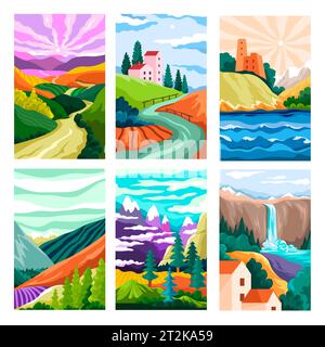 Landschaft mit Wasserfall, Wald und Bergen Stock Vektor