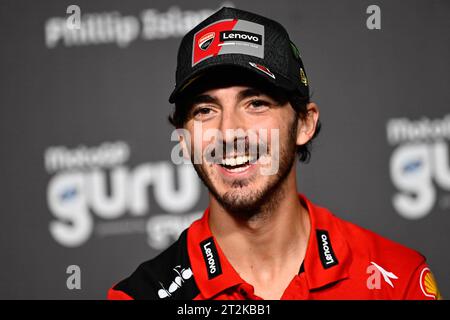 Phillip Island, Australien. Oktober 2023. Pressekonferenz und Veranstaltungen vor dem Großen Preis von Australien der MotoGP auf dem Phillip Island Circuit. 19. Oktober 2023 im Bild: Francesco Bagnaia Rueda de prensa y eventos revios al Gran Premio de MotoGP de Australia en el Circuito Internacional de Phillip Island. 19 de Octubre de 2023 POOL/MotoGP.com/Cordon Pressebilder sind nur für redaktionelle Zwecke bestimmt. Obligatorischer Vermerk: © MotoGP.com Credit: CORDON PRESS/Alamy Live News Stockfoto