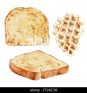 Eine Reihe von Aquarellillustrationen mit knusprigen Scheiben Weizenbrot und frisch gebackenen Waffeln auf weißem isoliertem Hintergrund. Zum Frühstück, zum Kochen Stockfoto