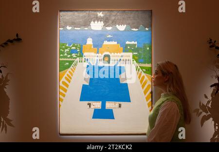 Sotheby's, London, Großbritannien. Oktober 2023. Moderne und zeitgenössische südasiatische Kunstvorschau. Zu den Höhepunkten gehören: Bhupen Khakhar, Menschen in der Moschee. Geschätzte £ 450.000-650.000. Quelle: Malcolm Park/Alamy Live News Stockfoto