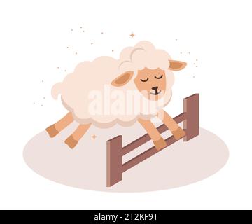 Schafe, die über den Zaun springen. Niedliches schlafendes Schaf. Poster über Schlaf, Traum oder Entspannung. Das Konzept der Schaf-Zählung, Schlaflosigkeit, Schlafstörungen, Baby Stock Vektor